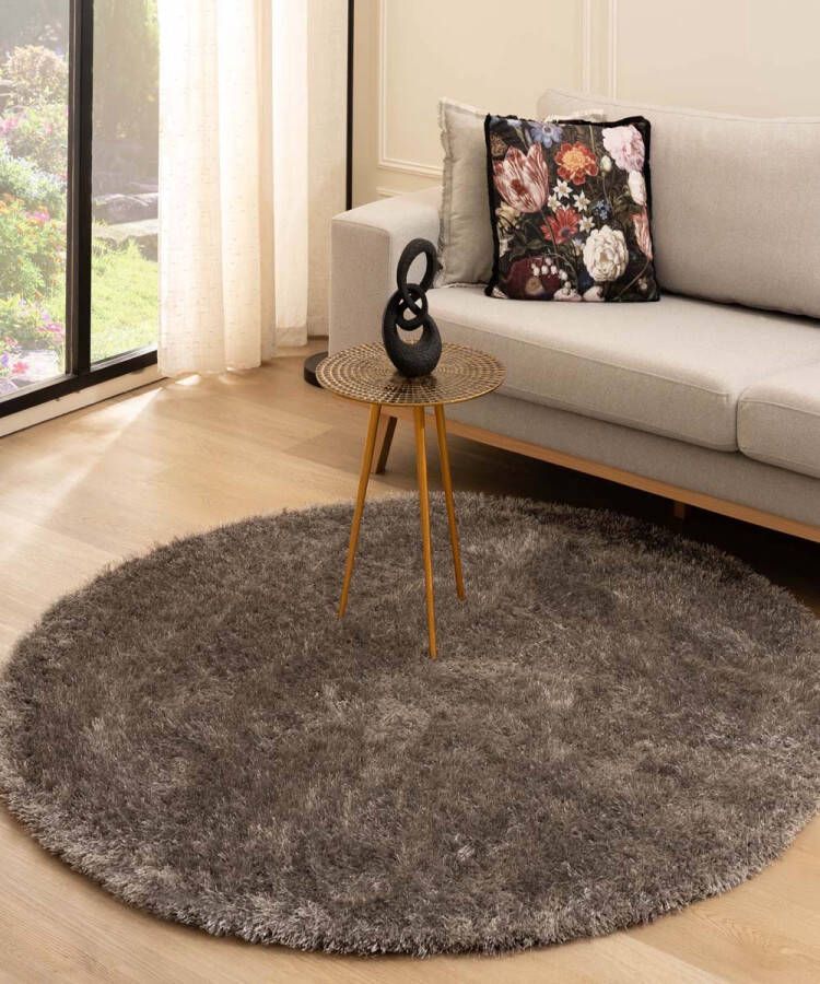 Tapeso Rond hoogpolig vloerkleed velvet Posh grijs 160 cm rond
