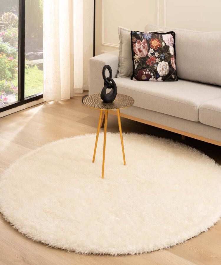 Tapeso Rond hoogpolig vloerkleed velvet Posh wit 80 cm rond