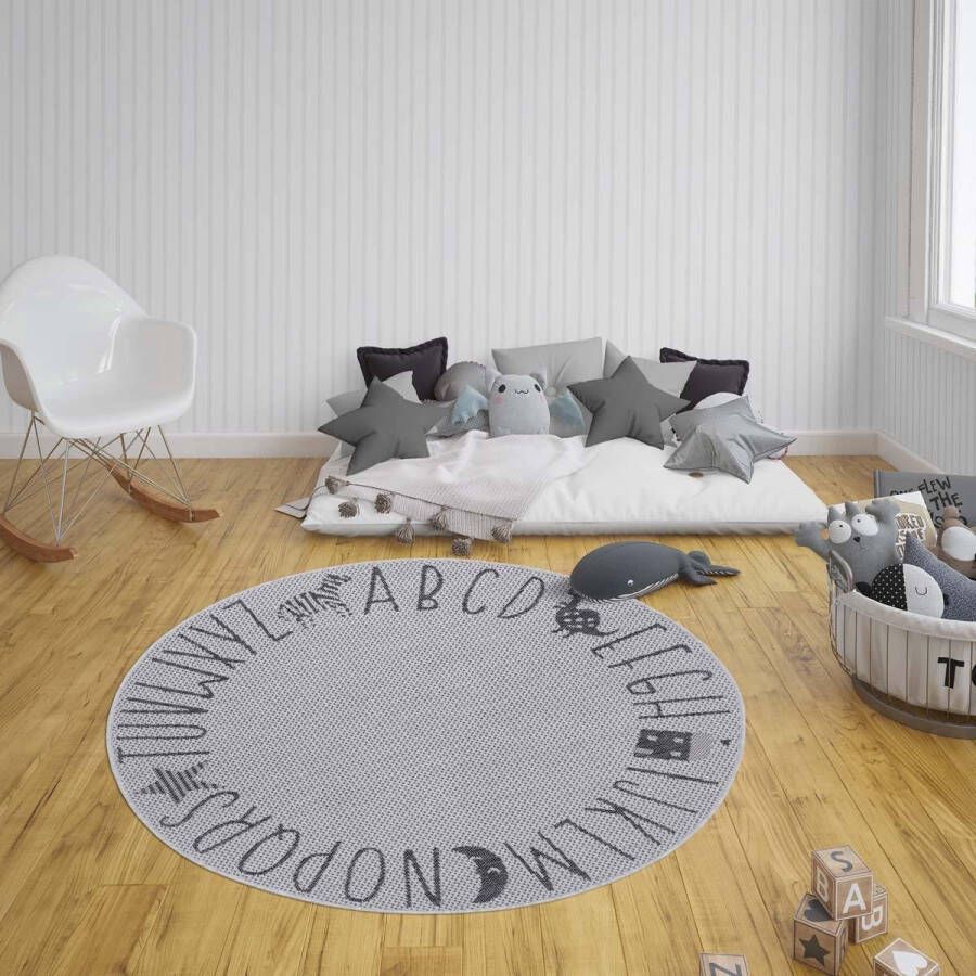 Tapeso Rond kinderkamer vloerkleed Alfabet zilver grijs 160 cm rond