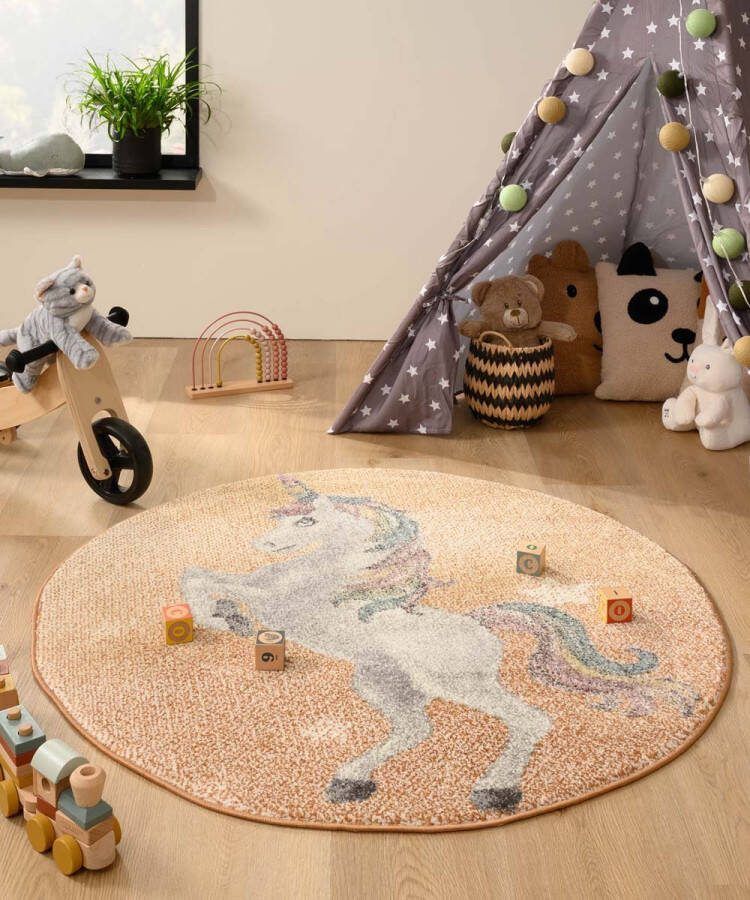 Tapeso Rond vloerkleed eenhoorn Dreams geel meerkleurig 120 cm rond