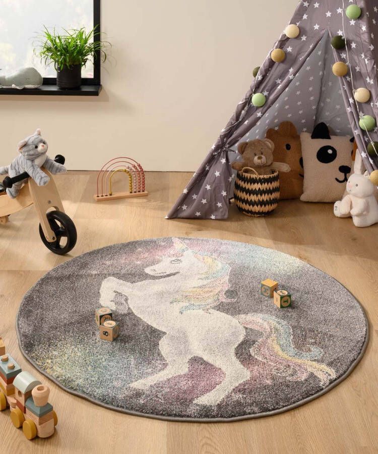 Tapeso Rond vloerkleed eenhoorn Dreams grijs meerkleurig 160 cm rond