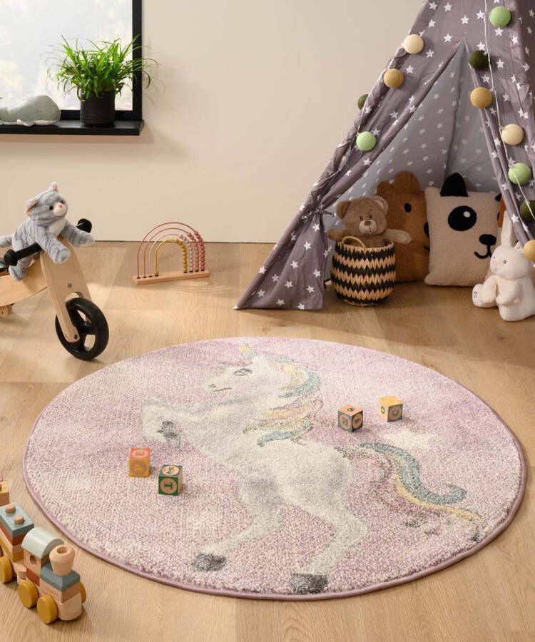 Tapeso Rond vloerkleed eenhoorn Dreams paars meerkleurig 120 cm rond