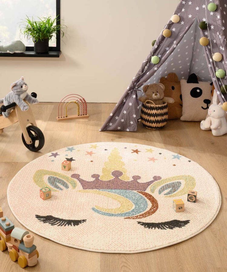 Tapeso Rond vloerkleed eenhoorn Snoozy wit multi 120 cm rond