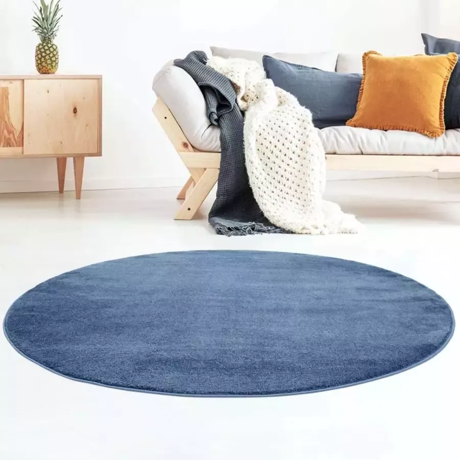 Tapeso Rond vloerkleed effen velours Gala donkerblauw 150 cm rond