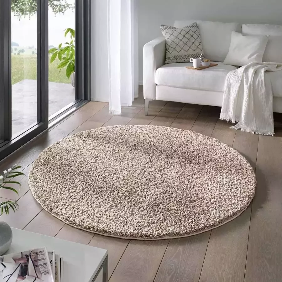 Tapeso Rond vloerkleed hoogpolig effen Classic beige 200 cm rond