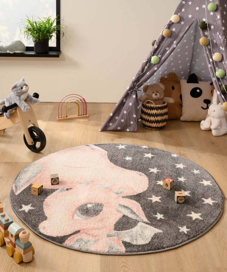 Tapeso Rond vloerkleed kinderkamer draakje Dreams donkergrijs roze 120 cm rond