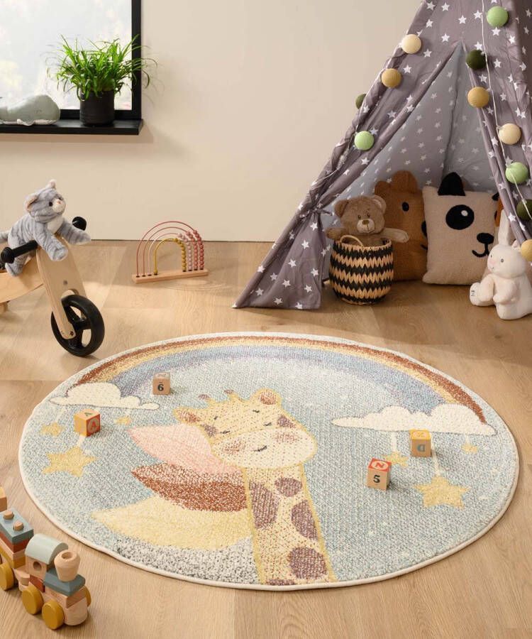 Tapeso Rond vloerkleed kinderkamer giraffe Snoozy blauw multi 120 cm rond