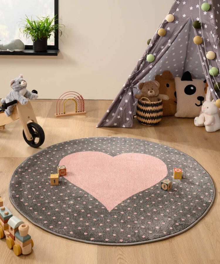 Tapeso Rond vloerkleed kinderkamer hartje Magic donkergrijs roze 120 cm rond