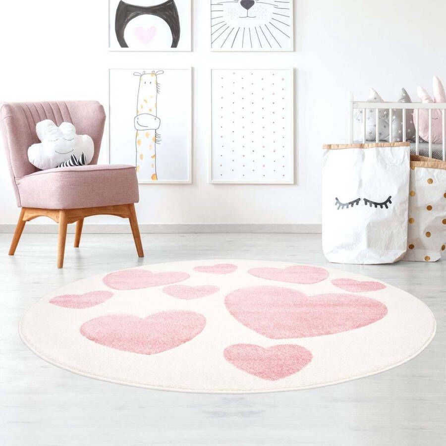 Tapeso Rond vloerkleed kinderkamer Hartjes 3D crème roze 120 cm rond