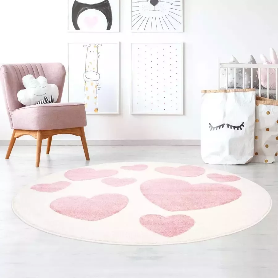 Tapeso Rond vloerkleed kinderkamer Hartjes 3D crème roze 120 cm rond