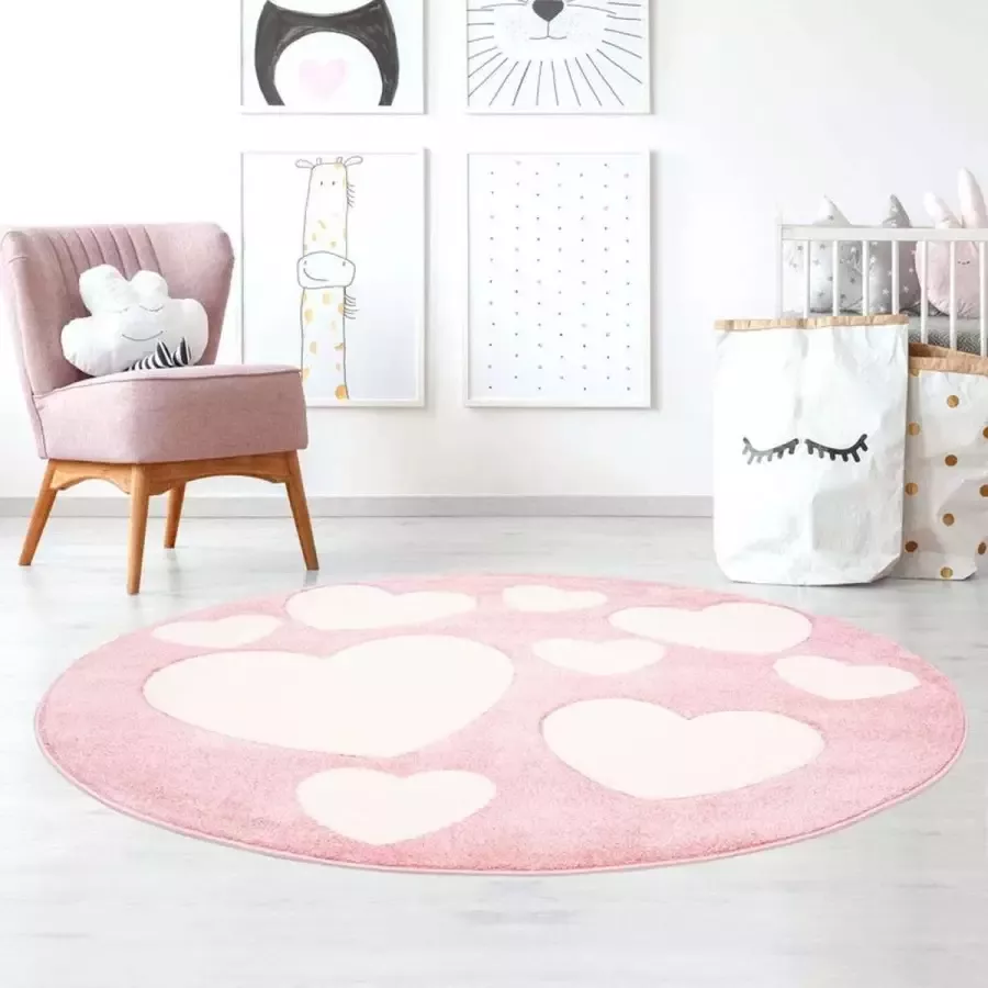Tapeso Rond vloerkleed kinderkamer Hartjes 3D roze crème 120 cm rond