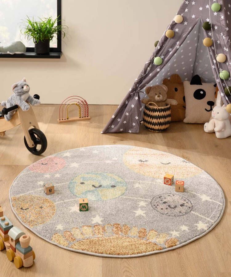 Tapeso Rond vloerkleed kinderkamer planeten Dreams lichtgrijs multi 120 cm rond