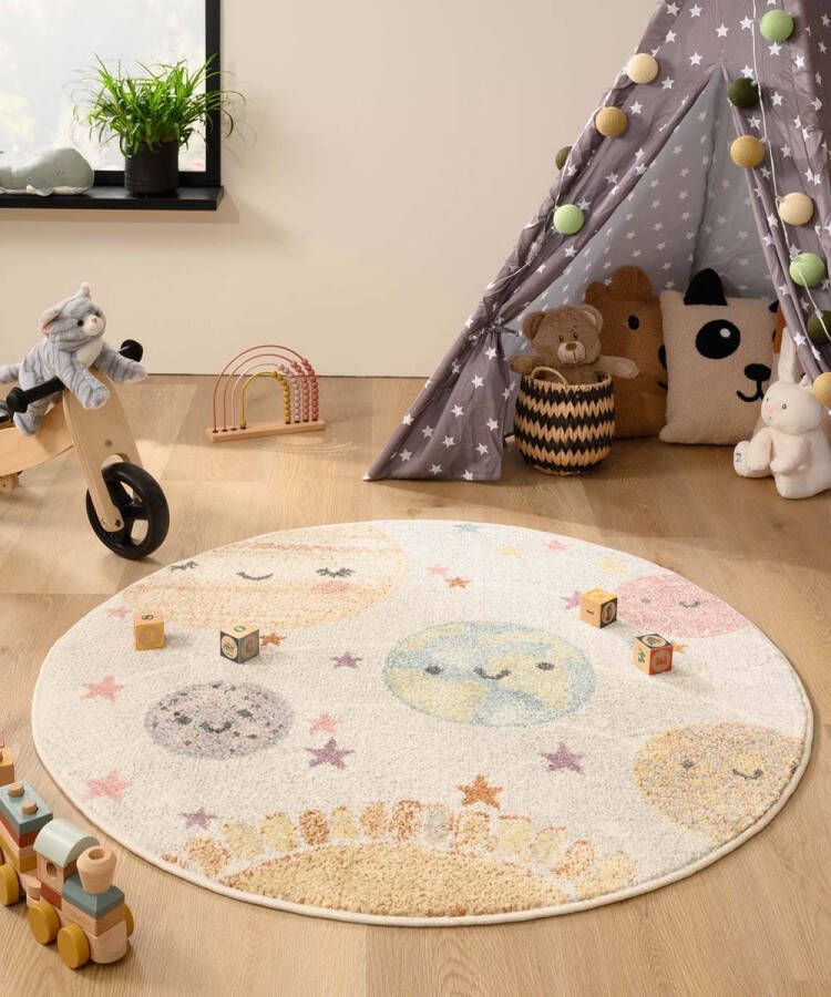 Tapeso Rond vloerkleed kinderkamer planeten Dreams wit multi 120 cm rond