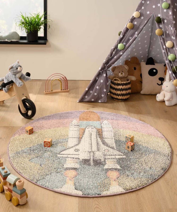 Tapeso Rond Vloerkleed kinderkamer raket Dreams multi 120 cm rond