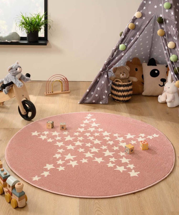 Tapeso Rond vloerkleed kinderkamer ster Magic roze 120 cm rond