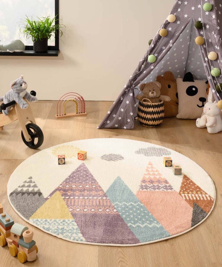 Tapeso Rond vloerkleed kinderkamer Tipi Snoozy multi 120 cm rond