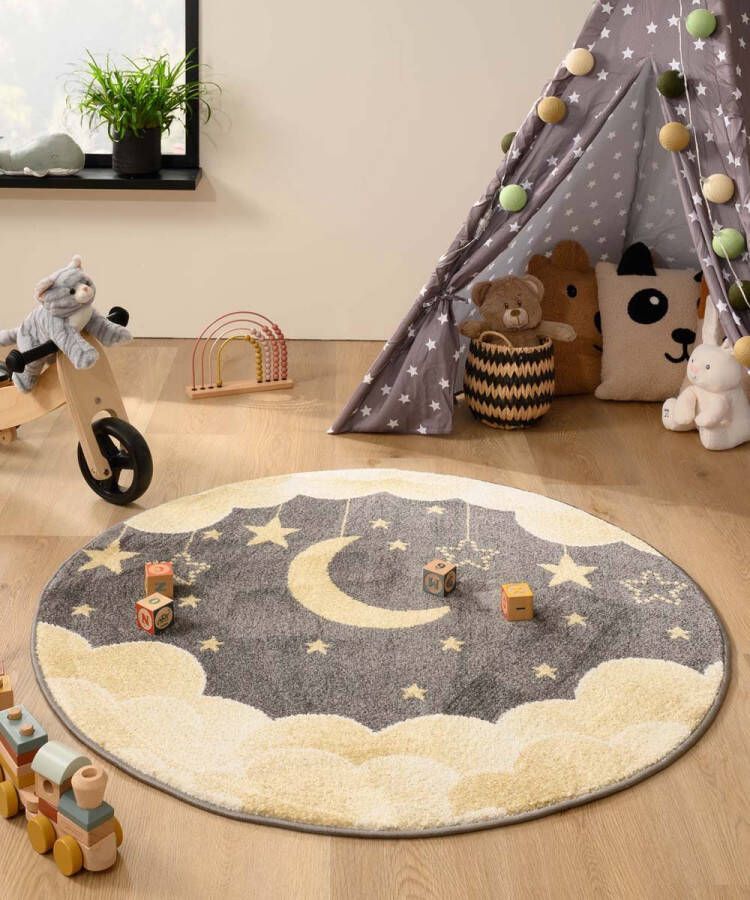 Tapeso Rond vloerkleed kinderkamer wolk Dreams geel grijs 120 cm rond