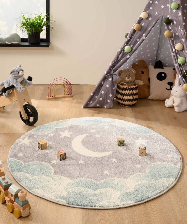 Tapeso Rond vloerkleed kinderkamer wolk Dreams lichtblauw grijs 120 cm rond