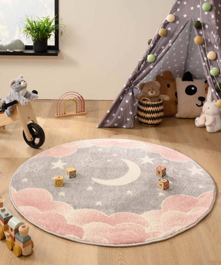 Tapeso Rond vloerkleed kinderkamer wolk Dreams roze grijs 120 cm rond