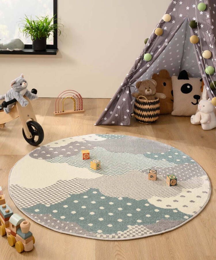 Tapeso Rond vloerkleed kinderkamer wolk Magic blauw grijs 120 cm rond