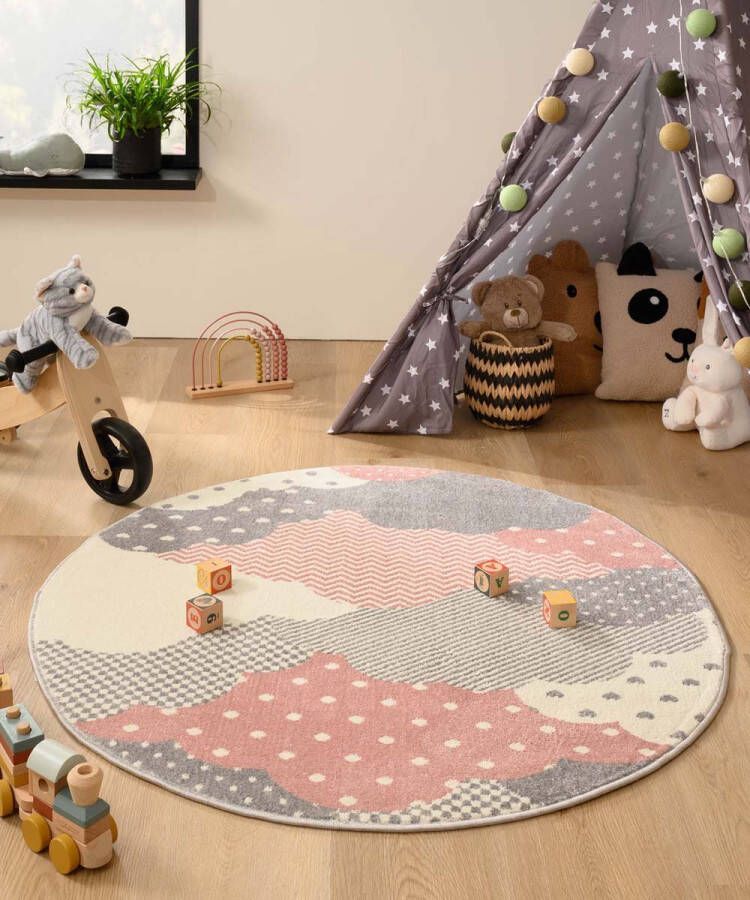 Tapeso Rond vloerkleed kinderkamer wolk Magic roze grijs 120 cm rond