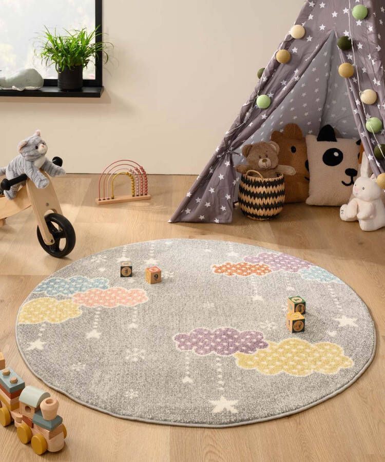 Tapeso Rond vloerkleed kinderkamer wolk Snoozy grijs multi 120 cm rond