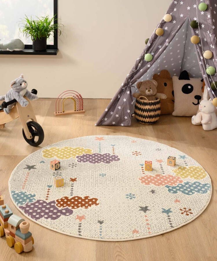 Tapeso Rond vloerkleed kinderkamer wolk Snoozy wit multi 120 cm rond