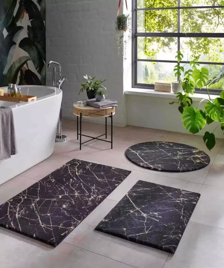 Tapeso Rond wasbaar vloerkleed Marmer Chloé zwart goud 80 cm rond