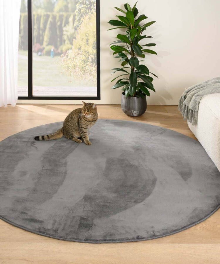 Tapeso Rond zacht vloerkleed Plush grijs 160 cm rond