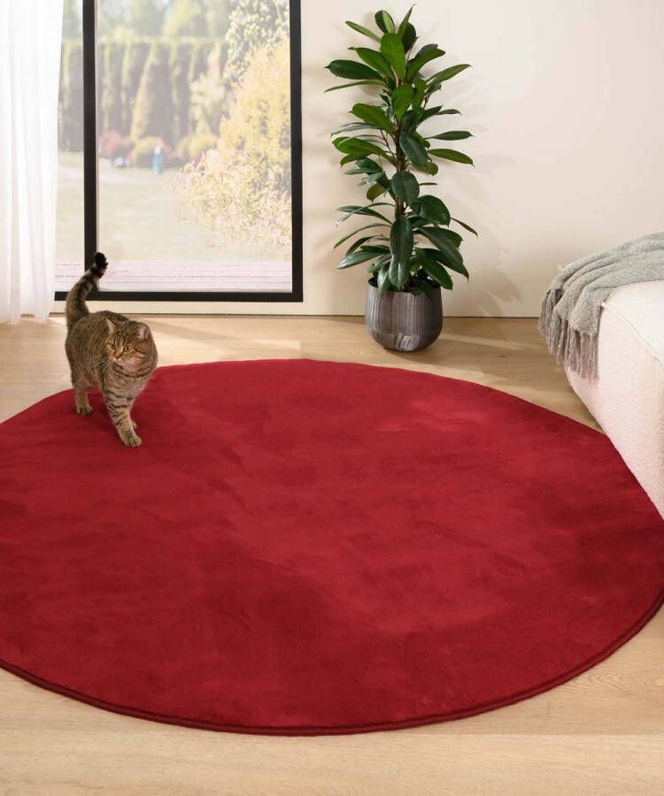 Tapeso Rond zacht vloerkleed Plush rood 120 cm rond