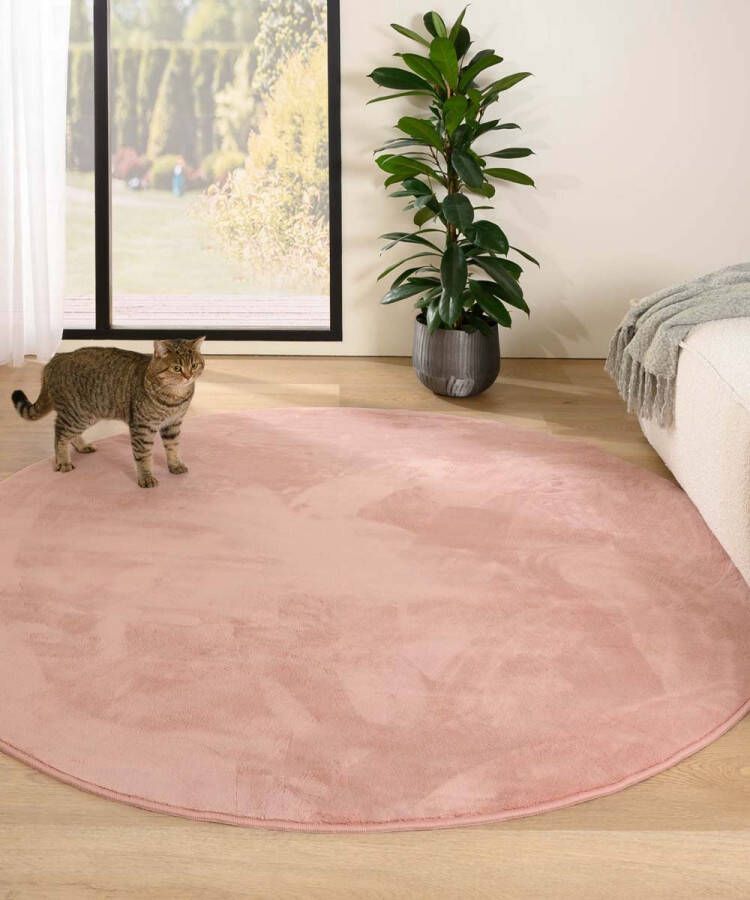 Tapeso Rond zacht vloerkleed Plush roze 120 cm rond
