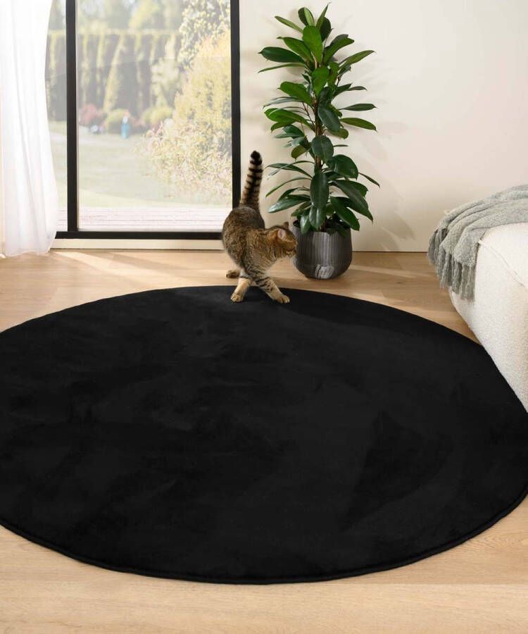 Tapeso Rond zacht vloerkleed Plush zwart 120 cm rond