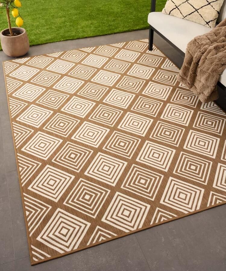 Tapeso Buitenkleed ruit Flip Gem lichtbruin 160x220 cm