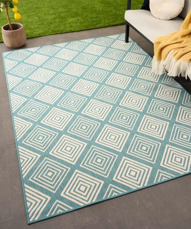 Tapeso Buitenkleed ruit Flip Gem turquoise 160x220 cm