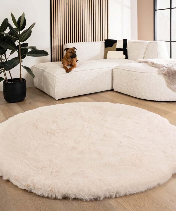 Tapeso Fluffy vloerkleed rond Comfy Deluxe crème 200 cm rond