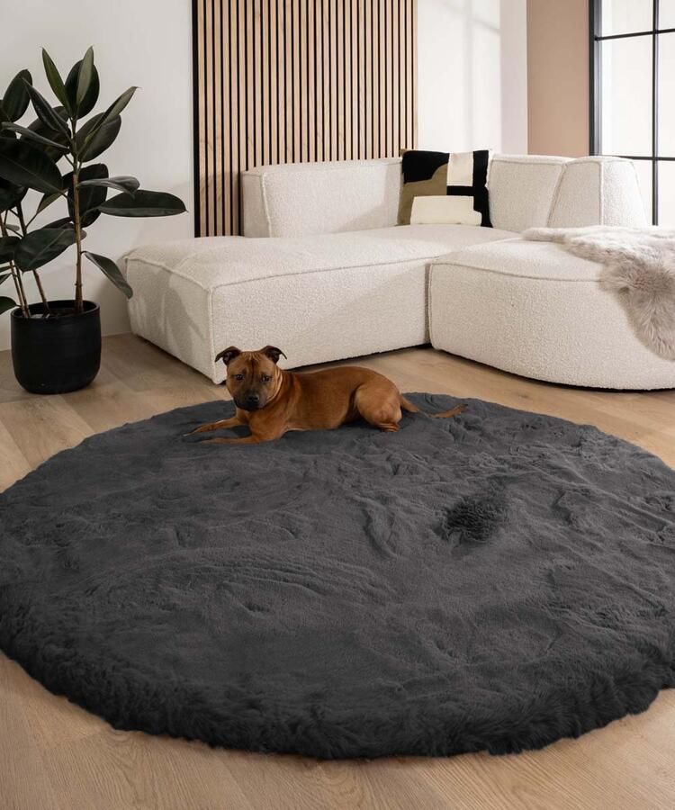 Tapeso Fluffy vloerkleed rond Comfy Deluxe donkergrijs 100 cm rond