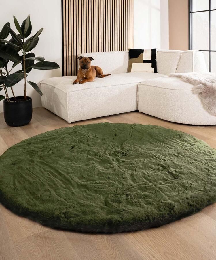 Tapeso Fluffy vloerkleed rond Comfy Deluxe olijfgroen 100 cm rond