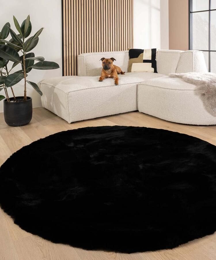 Tapeso Fluffy vloerkleed rond Comfy Deluxe zwart 100 cm rond
