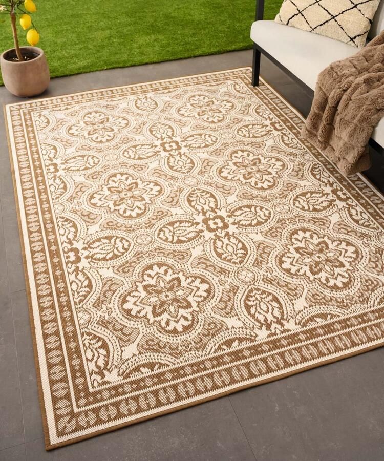 Tapeso Retro buitenkleed Flip Felix lichtbruin 200x280 cm