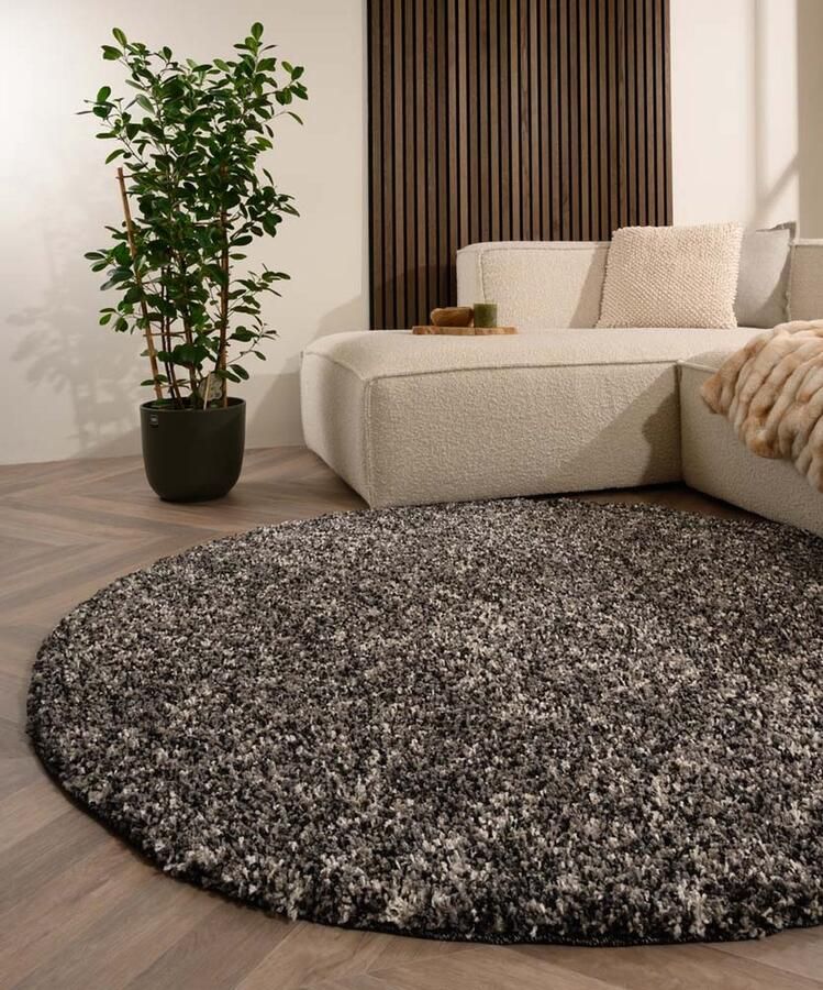 TrueWeave Rond hoogpolig vloerkleed Blend zwart grijs 120 cm rond
