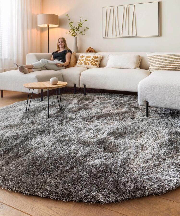 Tapeso Rond hoogpolig vloerkleed velvet Posh grijs 200 cm rond - Foto 2