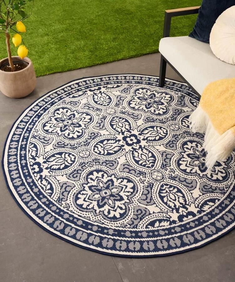Tapeso Rond Retro buitenkleed Flip Felix donkerblauw 160 cm rond