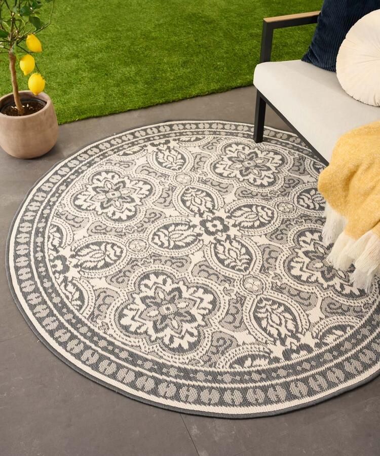 Tapeso Rond Retro buitenkleed Flip Felix grijs 160 cm rond