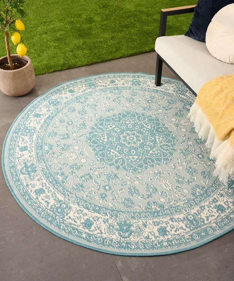 Tapeso Rond Vintage buitenkleed Flip Agnes turquoise 200 cm rond