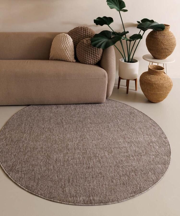 Tapeso Rond vloerkleed Lush taupe|lichtgrijs 100 cm rond
