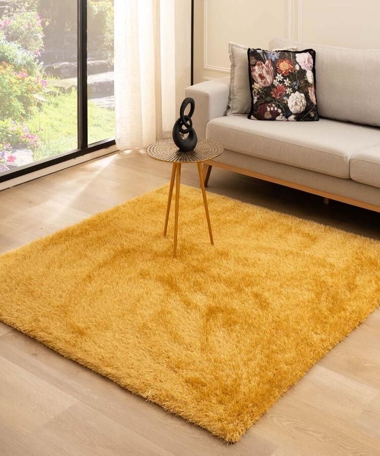 Tapeso Vierkant hoogpolig vloerkleed velvet Posh goud 120x120 cm