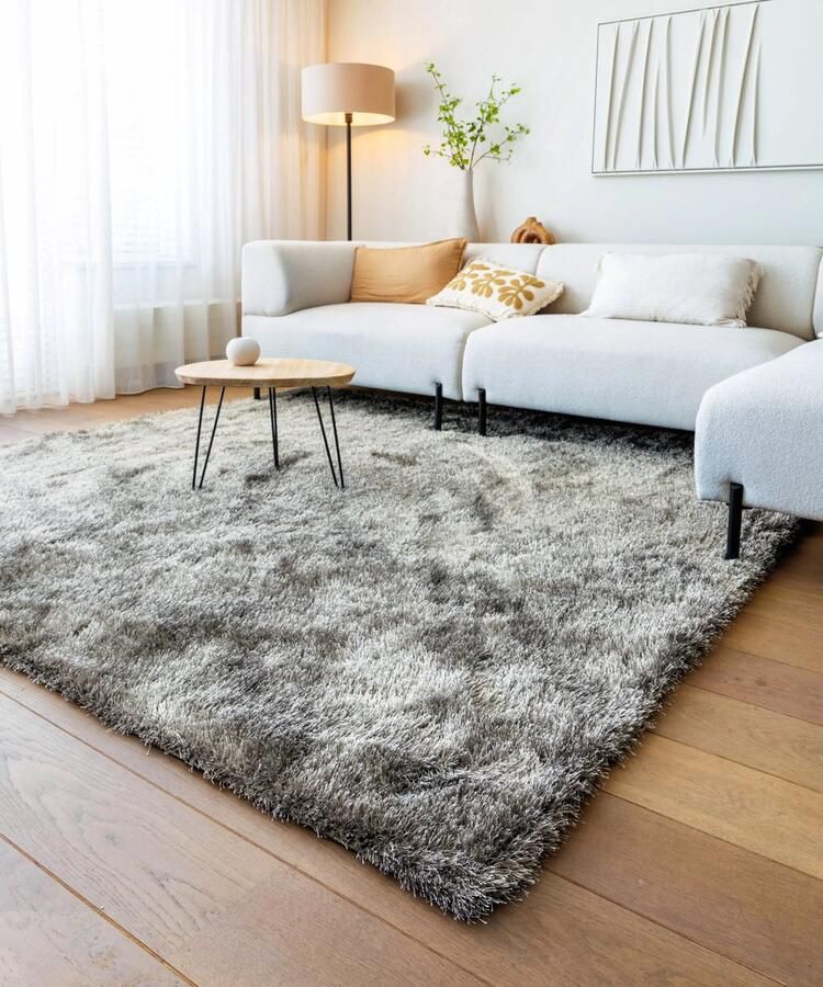 Tapeso Vierkant hoogpolig vloerkleed velvet Posh grijs 160x160 cm - Foto 2