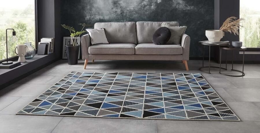 Tapeso Vloerkleed triangle design blauw grijs 120x160 cm