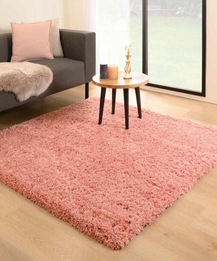 Tapeso Vierkant hoogpolig vloerkleed Cozy Shaggy roze 160x160 cm - Foto 1