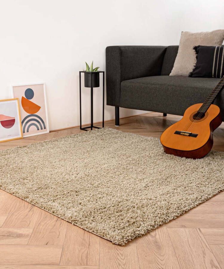 Tapeso Vierkant hoogpolig vloerkleed shaggy Trend effen champagne 100x100 cm